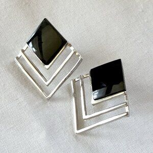Vintage 925 Sterling Silver Black Agate Geometric 1” Post Earrings Modernist